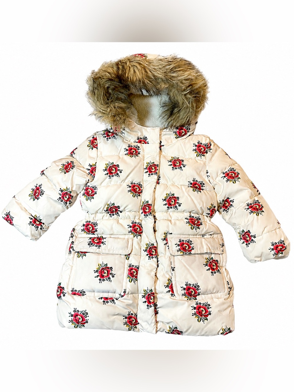 Baby Gap Girls 2T Floral Puffer Coat Faux Fur Hood Fleece Lined Winter Jacket